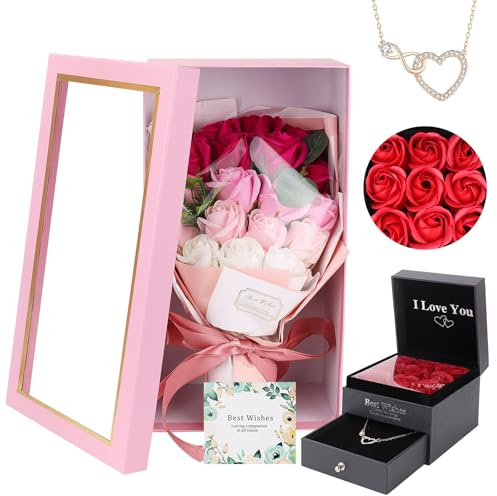 Malloom Rose Bouquet Rosas Eternas Preserved Rose Bouquet 18 Flower Bouquet with Beautiful Love Necklace, Unique Gift for Birthday, Valentine's Day, Mother's Day, Thanksgiving, Christmas, Anniversary