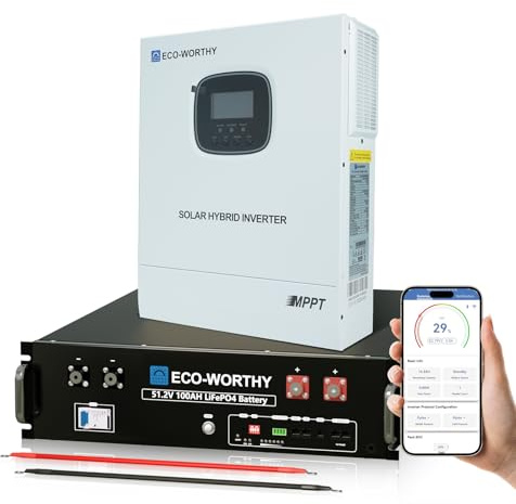 ECO-WORTHY LiFePO4 Batterie 48V 100Ah Bluetooth mit 3000W Hybrid Inverter | 5,12kWh 3U Gehäuse Serverschrank Batterie mit Unterstützt CAN&RS485 für Solaranlage Komplettset,Photovoltaikanlage