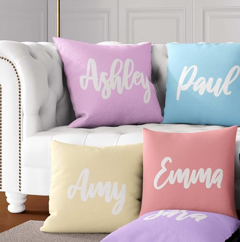 Plain & Script Font Personalised Cushion – Add Name & Choose Background Colour – Multiple Sizes & Fabrics – Cover or Filled – Minimal Modern Name Design Pillow
