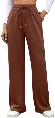 MEDUOLA Pantalones Mujer Deportivos Casuales con cordón Elegantes de Pierna Ancha y Recta y Bolsillos Suaves Ligeros Pantalón para Correr en Primavera y otoño L,Marrón