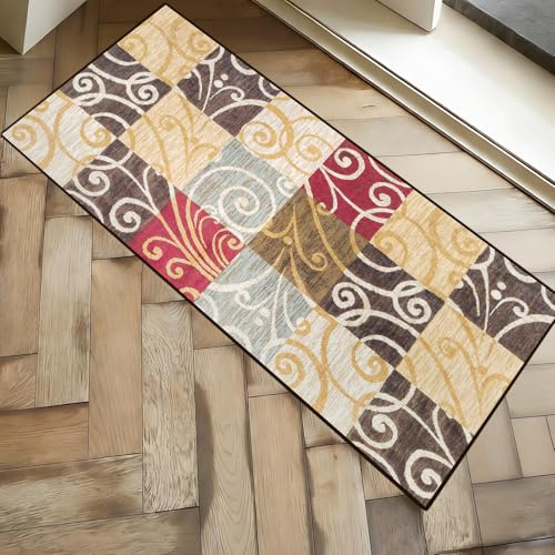 Teppich Läufer 60x120cm, Küchenläufer rutschfest, Rutschfestes Küchenmatten, Vintage rutschfest Waschbar Küchenläufer Flurläufer, Flurteppich für Badezimmer/Wohnzimmer Flur, warm Pattern