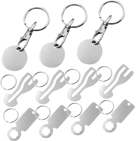 WOONEKY 15 Piezas Tokens para Carrito de Compras Llaveros Inoxidable Accesorios Portátiles para Supermercado con Diseño Elegante y Función de Liberación Rápida Prácticos y para Diario