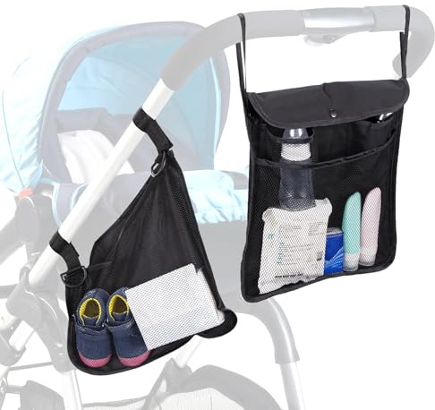Baby Stroller Bag, 2pcs Universal Pram Organiser Bag for Back and Side Sling, Pushchair Organiser with Large Capacity Multiple Compartment and See Through Mesh for Baby Essentials, Black