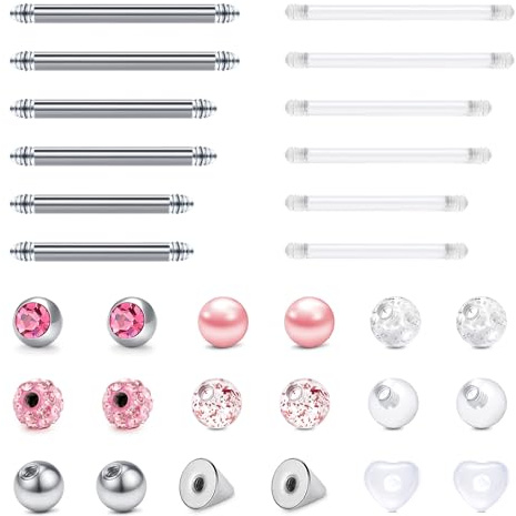 Longita 30-teiliges 14G Zungenpiercing Nippelpiercing Edelstahl Brustwarzenpiercing Industrial Piercing Set Für Zunge Brustwarze Nippel 12/14/16mm Stablänge