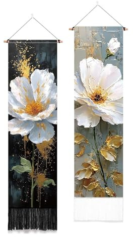 PLIGREAT 2 paquetes de tapices de pared con estampado floral para colgar en la pared con pintura al óleo, flores y borlas, tapiz vintage para dormitorio, salón, decoración del hogar, tapices