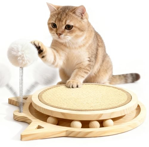 Katt klösbräda, massiv naturlig sisal klösmatta, 4-i-1 kattleksak självaktivitet med kulbana och plus-boll, intelligent leksak för katter