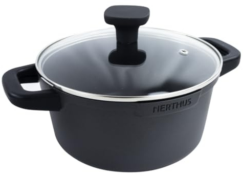 Nerthus FIH 1554 cacerola alta de aluminio fundido con revestimiento antiadherente quantanium apta para inducción, gas y vitrocerámica tapa de cristal con válvula y asas de silicona desmontables