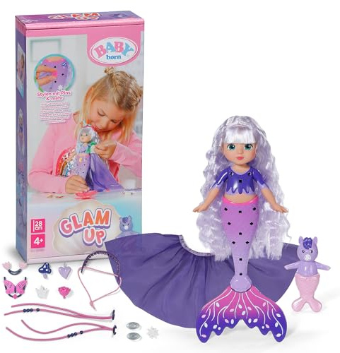 BABY Born Glam Up Aura Meerjungfrauenpuppe mit Styling-Zubehör | UV-Farbeffekt, Stoff-Accessoires, Haar-Pins, Tier-Freund
