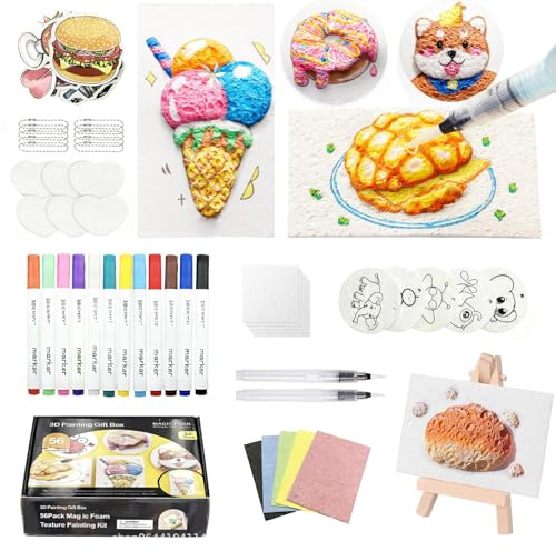 xlwen 56PCS Kit de Peinture à Texture Magique,Eponge de Dessin 3D,Kit Papier Peinture Texture Mousse Magique avec 12 Couleurs Feutre Acrylique Pinceau,Papier de Peinture Texture Mousse
