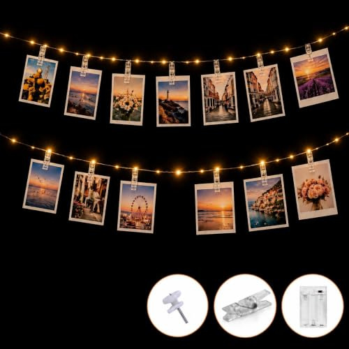 Photo Clip String Lights, 100LED, 10M Battery Fairy Lights, 60 Clear Clips | Fairy lights with clips for photos; includes 20 wall nails, uses 3 AA batteries and flexible wire for photo bunting.