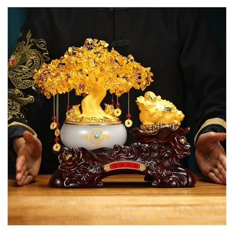 KXQYIKYI Kristall-Geldbaum Feng Shui Geldfrosch Kristallbaumdekoration, Glücksgeldkrötendekorationen, natürlicher Citrin-Edelstein-Kristall-Bonsai-Baum, großes Feng Shui-Geld-Chakra, groß