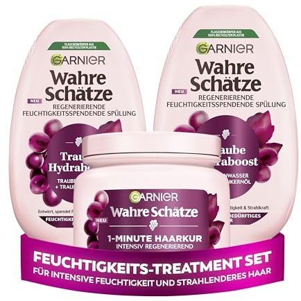 Garnier Wahre Schätze Traube Hydraboost Treatment-Set, mit Traubenwasser, für mehr Feuchtigkeit und Glanz, mit 1x 1-Minute Haarkur und 2 Spülungen