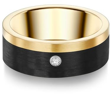 Trilani Damen Ring Edelstahl gelbgold | gelbvergoldet 14 Karat/Titancarbid, Bandring, Zirkonia, weiß, Carbon