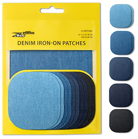 ZEFFFKA Jean-Flicken zum Aufbügeln für Innen und Außen Stärkster Kleber 100% Baumwolle Verschiedene schwarz Farben Blautöne Reparatur-Dekorationsset 10 Stück Größe 4-1/4 by 3-3/4 (9.8 cm x 10.8 cm)