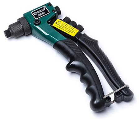 SATA ST90501SC 8-Inch Riveter Gun, with a Heavy-Duty Steel Body and a Spring-Loaded Rubber Handle That Ejects Rivet Stems Automatically