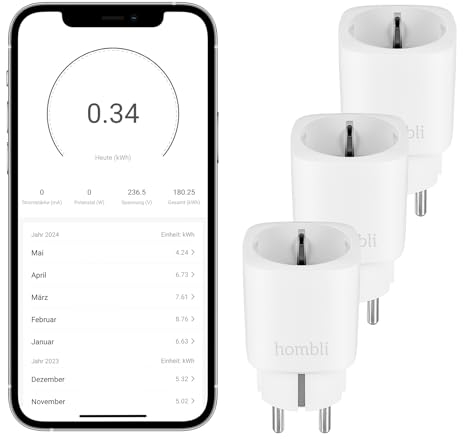 Hombli Smart Steckdose mit WLAN, Strommessung & Zeitsteuerung, App- & Sprachsteuerung, kompatibel mit Alexa & Google Assistant- EU weiß 3 Stück