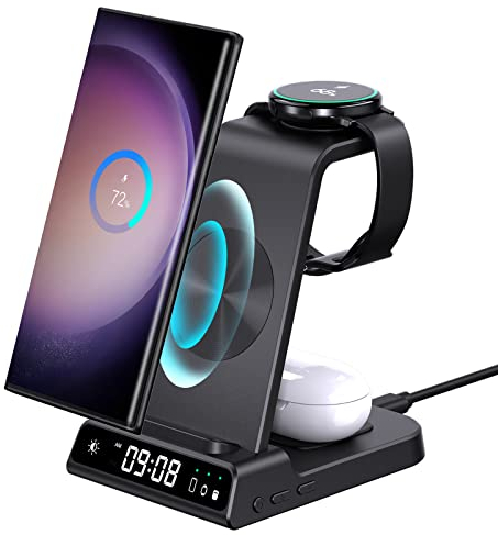 Caricatore wireless per Samsung Galaxy S25 Ultra, Wireless Charger per Samsung con orologio digitale per Samsung Galaxy Watch 8/7/Ultra/6, Caricabatterie a Induzione per Galaxy S24 Ultra, Fold 7,Buds