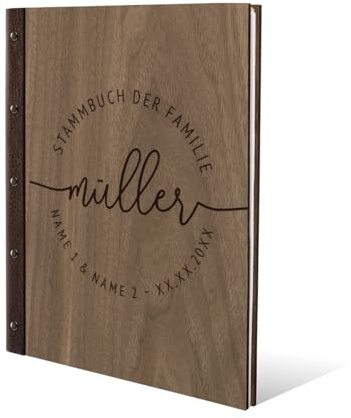 Stammbuch der Familie Holz mit Echtleder Rücken Gravur individuell mit Extras DIN A4 Nussbaum Amerikanisch - Lebenslinie