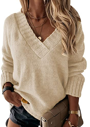 Pull Grosse Maille Femme Col V Pull Tricot Oversize Femme Pullover Tricoté Ample Torsade Femme Grande Taille Hiver Pulls Pull-Over Torsadé Manche Longue Chaud Vintage Large Sweater Femme Abricot S