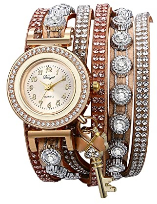 JewelryWe Armbanduhr Damen Böhmisch Retro Strass Glitzer Analog Quarz Beiläufige Uhr Damenuhr mit Geflochten Leder Armband Wickelarmband und Kleeblatt Schlüssel Anhänger
