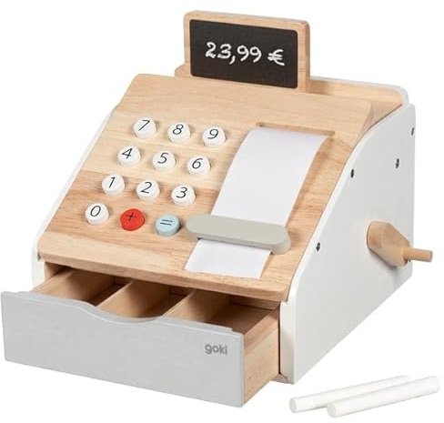 goki 51481 Kaufmannsladenkasse Holz mit Schubladengeräusch, Schreibtafel, Papierrolle - Zubehör für Kaufladen und Spielküche