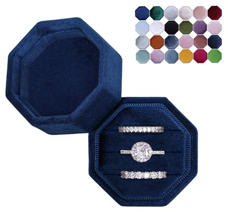 BLUTETE Velvet 3 Slots Jewelry Ring Box Engagement Wedding Box Keepsake Box Bridal Photo Ring Triple Slots Octagon (Navy Blue)