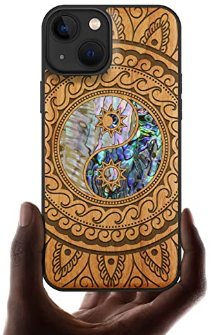 Carveit Coque magnétique pour iPhone 13 Étui de Protection TPU Coque [Gravure en Bois et Incrustation de Coquille] Compatible avec 13 Magsafe Artistique Coque (Cerise-Yin Yang Cachemire)