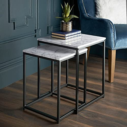 Homme Concept Set of 2 Industrial Nesting Side Tables – Compact Coffee or End Tables with Black Metal Frame & Marble-Effect or Wood Tops, Lightweight Design for Living Room, Bedroom or Small Spaces