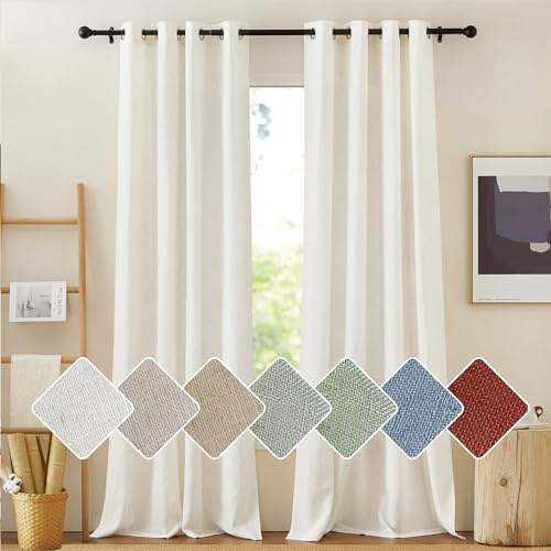 PONY DANCE Leinen Vorhang 260cm Lang Wohnzimmer Gardinen Halbtransparent | Creme,2er Set,H260 x B140 cm,Boho Gardinen Leinenoptik,Ösen Leinenvorhang Landhaus Schlafzimmer,Linen Curtains Living Room