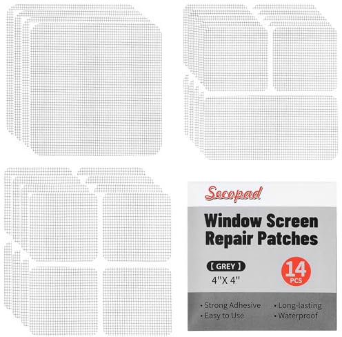 Secopad Kit di riparazione per finestre in 3 misure, 14 fogli, colore grigio/nero, kit di riparazione per porte a rete, nastro adesivo in fibra di vetro resistente per riparazione rapida dello schermo