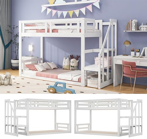 kubeier Kinder Bett mit Sicherheitstreppe, Hausbett 90x200, Etagenbett für 2 Kinder, Multifunktionales Kinderbett, Jugendbett, Doppelbet, Platzsparendes Kinder Etagenbett in Kiefernholz