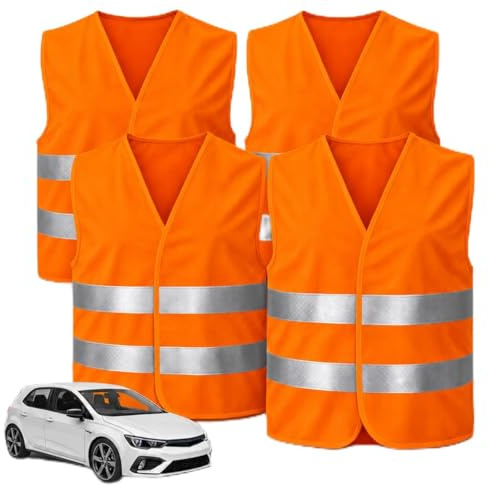 POWR CAR uego de 4 Chalecos de Seguridad para Coche ISO20471 2026 - Chalecos de Seguridad Brillantes y Reflectantes para Coches y Camiones
