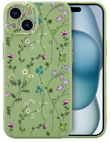 RALEAVO Blumen Handyhülle für iPhone 15, Hochwertiges Flüssig Silikon Stoßfeste Schutzhülle mit niedlichen Blumenmustern, Ultra Dünn mit Microfiber Matt Hülle für iPhone 15-Grün
