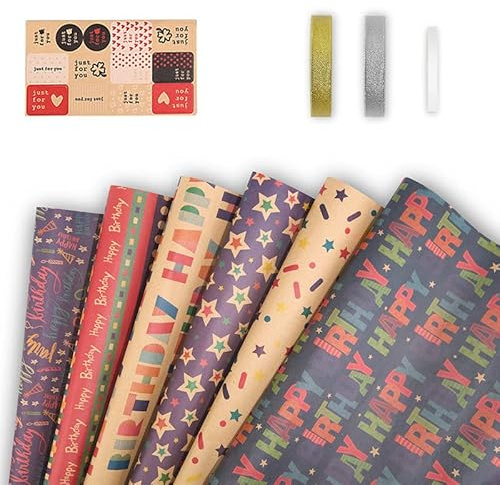 Juegos de papel de regalo de papel kraft, papel de regalo de cumpleaños, papel de regalo del día de San Valentín para manualidades, embalaje de regalo, 6 hojas de papel de regalo vintage + cuerda +