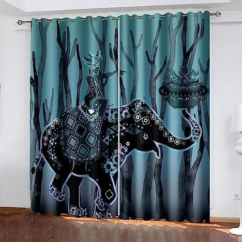 Verdunklungsvorhänge Leinen Dunkelgrüner Elefant 3D Mit Ösen Für Schlafzimmer Blickdichte Vorhänge Energiespar & Wärmeisolierend Thermo Gardinen Für Wohnzimmer - Kinder Vorhänge-8C8G4A8I4B9
