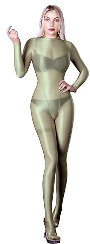SOFSOT Ultra Sheer hel kroppsdräkt för kvinnor långärmad glänsande overaller en del glansig catsuit nylon helkropp trikåer