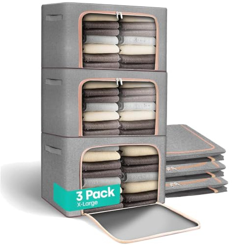 3 Pack Clothes Storage Bags - 24L Large Capacity Clothing & Wardrobe Storage Bags with Double Opening Zip and Lid, Thick Oxford Cloth Stacking Storage Boxes Clothes Storage for Duvet Baby Clothes