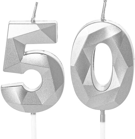 Geburtstagskerzen Zahlen 50 Jahre, 5cm Geburtstag Kerzen, 3D Zahl Silber Kerzen 50. Geburtstag Mann und Frau Tortendeko für Geburtstag Party, Hochzeiten, Firmenfeiern, Jubiläen