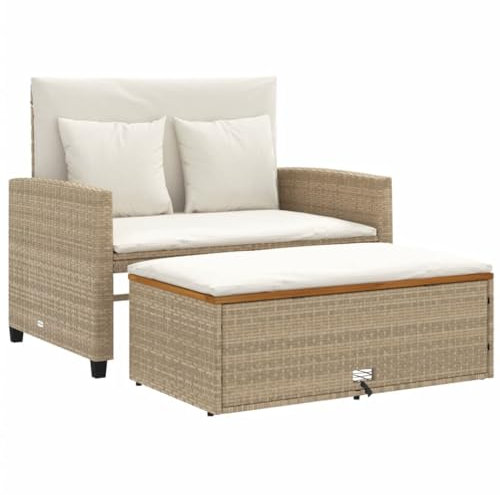 HETFTJN Küchensofa Lounge Sofa Outdoor Garden Sofas Mini Lounge - Gartensofa mit Kissen 2-Sitzer Beige Poly Rattan & Akazienholz für Schwimmbad Terrasse Balkon Speisesaal