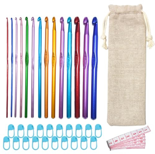 PXBSNB 36 PCS Crochet Hooks Set, Coloured Aluminum Crochet Hook with Pouch Case, 2mm-10mm Ergonomic Crochet Hooks, Crochet Needles with 20 Marking Needle, Crochet Kit for Beginners Adults