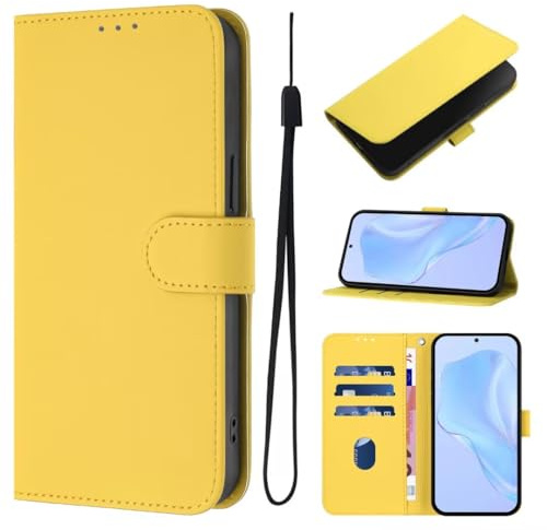 for iPhone 14 Pro Case, Shockproof Wallet Case Leather Candy Cover with Kickstand Wrist Strap Card Holder Magnetic Closure Bumper Protective for iPhone 14 Pro Lemon Yellow