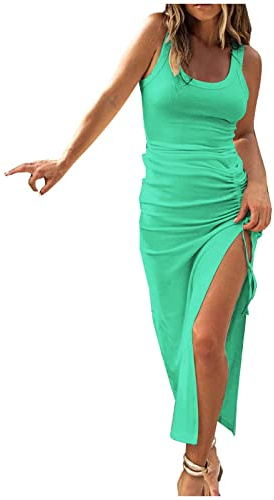 Mobeur Summer Dresses for Women Slim Fit Sleeveless U Neck Maxi Dress Side Split Ribbed Knit Floral Print Bodycon Dress Sexy Drawstring Beach Vacation Party Boho Dresses