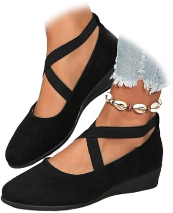 Chaussures compensées à bout pointu pour femme, avec sangle élastique croisée et bout rond confortable à enfiler, Noir , 35 EU
