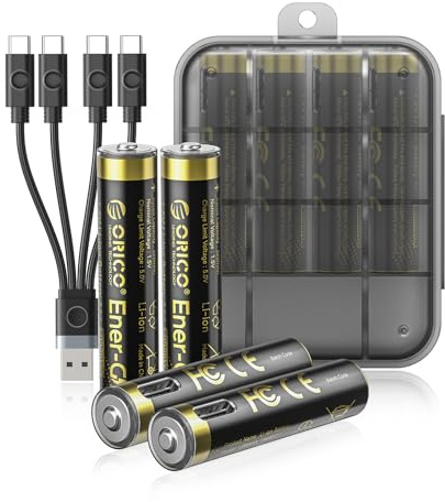 ORICO Ener-G - Batería de iones de litio recargables AAA, paquete de 4 unidades de 1.5 V de salida constante, 500 mWh, carga rápida de 1 hora con cable tipo C, 1500 ciclos de larga duración para
