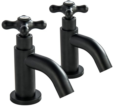 BAITUJIE Black Basin Bathroom Taps Pair, Modern Twin Bathroom Sink Pillar Tap Mono Cross Lever Two Holes Hot and Cold Water Faucets G1/2