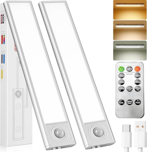 Under Cabinet Kitchen Lights, 20cm LED Motion Sensor Lights Indoor with Remote Control, 3 Color Stepless Dimming, 1500mAh Rechargeable Wardrobe Lights for Cupboard, Kitchen Bedroom, Hallway (2 Pcs)