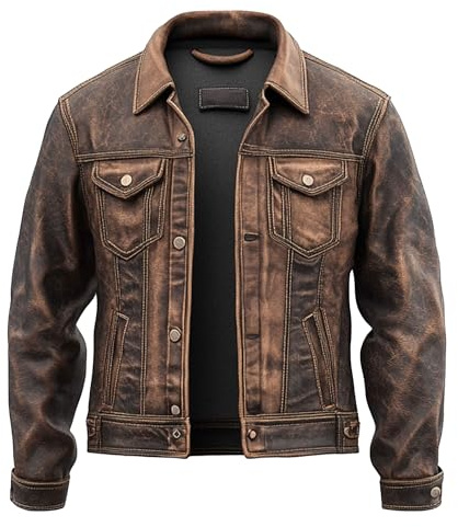 WECNOM Mens American Fashion Vintage Western Style Genuine Lambskin Leather Motorcycle Jacket Men Trucker Distressed Brown - Large