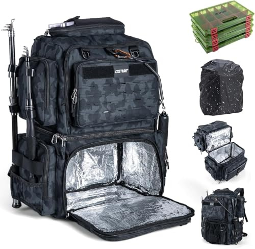 Goture Angelrucksack 53L, 4 Köderboxen, 2 Rutenhalter, Regenschutz | Wasserabweisend, verstellbares Hauptfach, 2 Rutenhalter, 8 Ködertaschen – ideal für Angelausflüge & Reisen