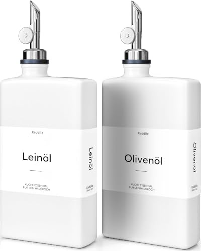Raddile 2 Stück Ölflasche, Essig und Ölflaschen Set mit ausgießer, Olivenöl Flasche mit 40 Aufkleber, Trichter, 350ml Glas Ölspender für Kochen, Salat und Grillen (Weiß Flasche + Silber Pumpe, 350ml)