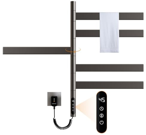 Clickovia Asciugamani elettrico girevole a 180° con 5 supporti, timer da 1 a 9 ore, temperatura regolabile da 30 a 70 °C, schermo LED, riscaldatore elettrico da bagno impermeabile IPX5